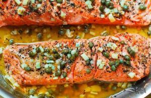 Tavada Somon Fileto Kapari, sarımsak ve tereyağı aromalı